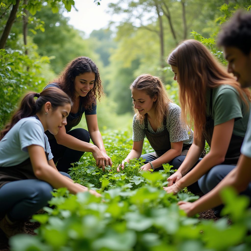 Équipe d'herboristes travaillant dans un jardin médicinal
