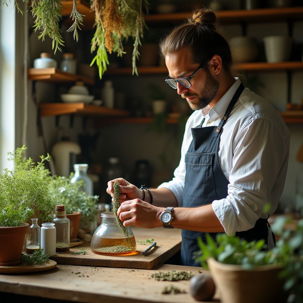 Herboriste préparant des remèdes à base de plantes dans un atelier