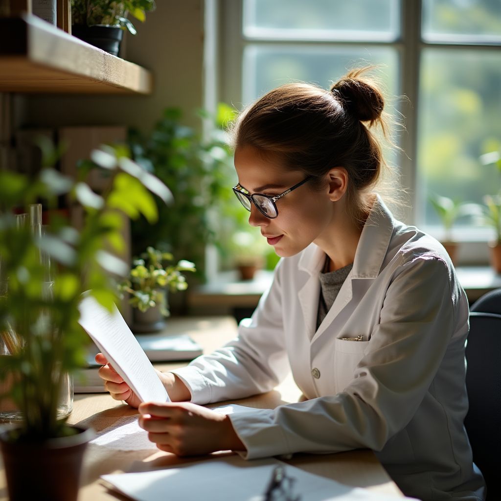 Chercheur examinant des articles scientifiques et des manuscrits à base de plantes